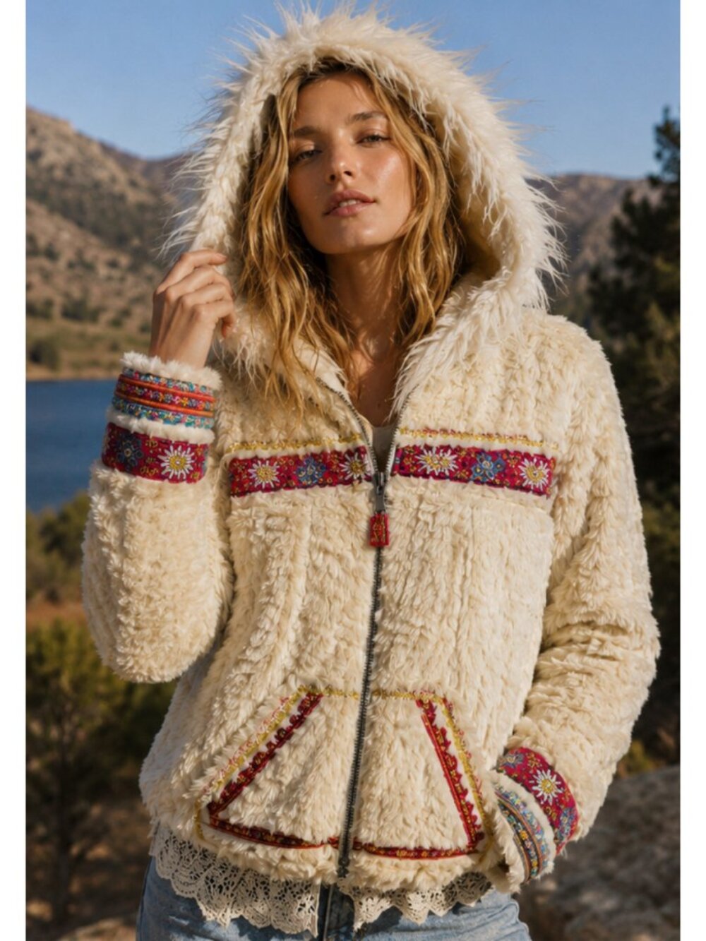 Free People Ivory Faux Fur Hooded Embroidered Boho Zip Jacket